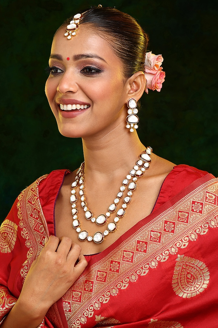Gold Finish Red Meenakari Kundan Polki Layered Necklace Set by Ruby Raang at Pernia's Pop Up Shop