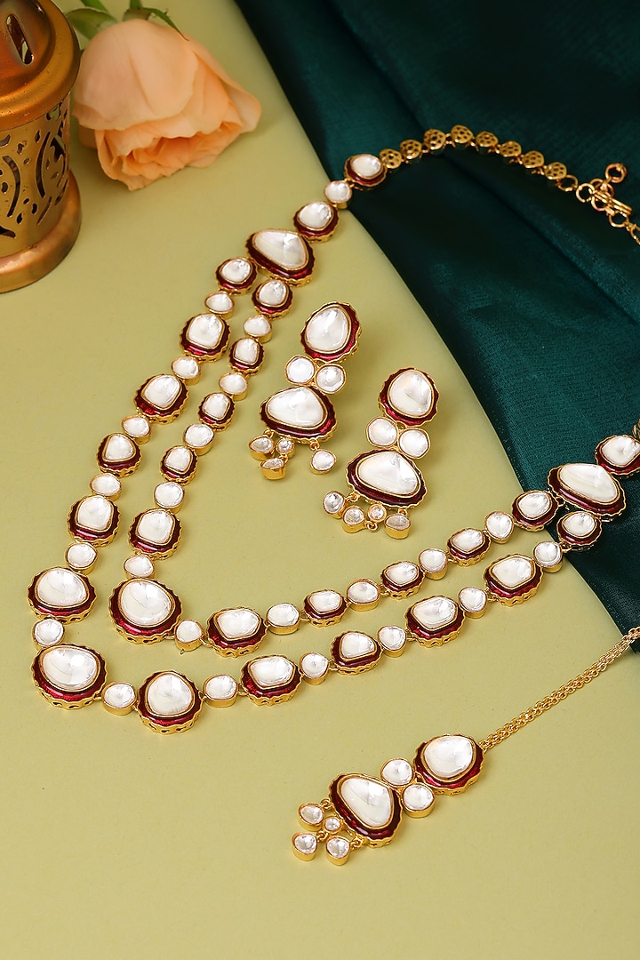 Gold Finish Red Meenakari Kundan Polki Layered Necklace Set by Ruby Raang at Pernia's Pop Up Shop