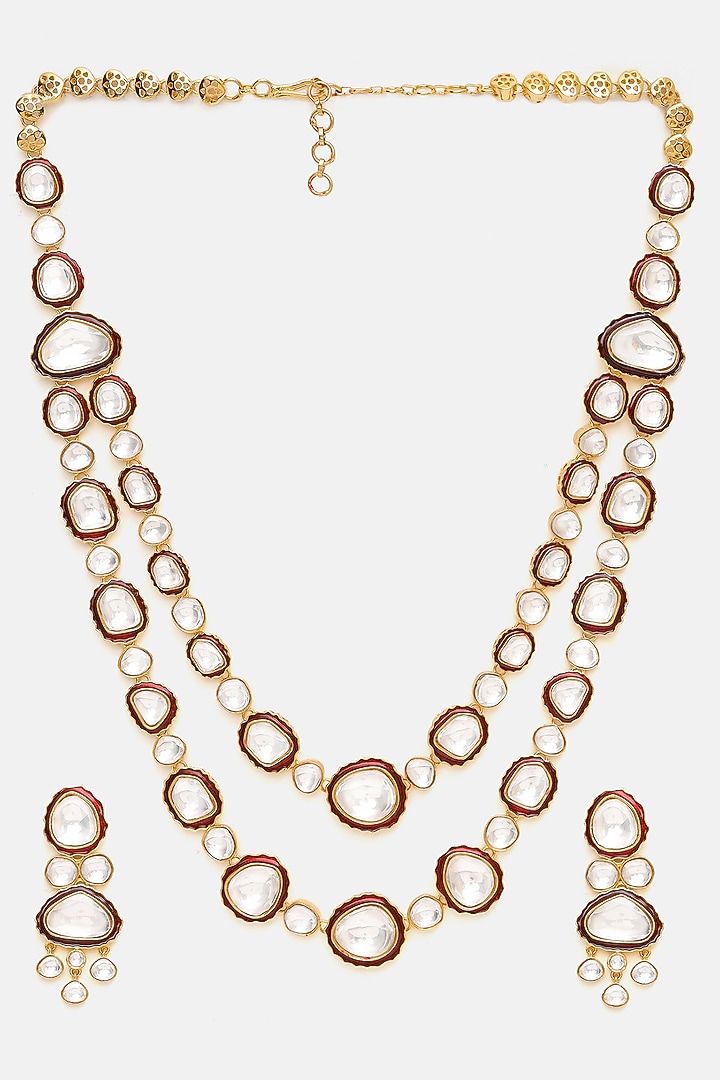 Gold Finish Red Meenakari Kundan Polki Layered Necklace Set by Ruby Raang at Pernia's Pop Up Shop