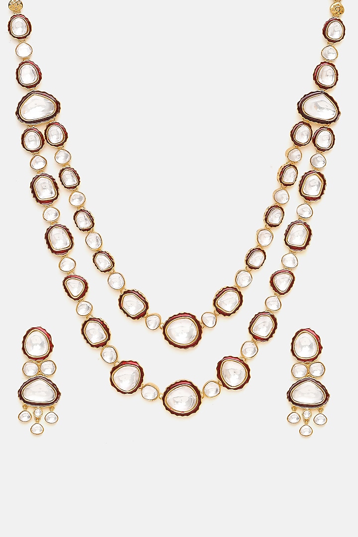 Gold Finish Red Meenakari Kundan Polki Layered Necklace Set by Ruby Raang at Pernia's Pop Up Shop