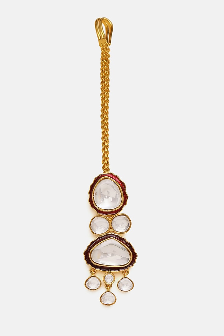Gold Finish Red Meenakari Kundan Polki Layered Necklace Set by Ruby Raang at Pernia's Pop Up Shop