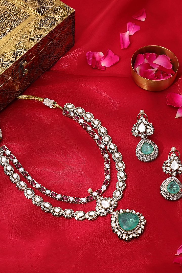 Oxidised Gold Finish Kundan Polki & Semi-Precious Stone Layered Necklace Set by Ruby Raang at Pernia's Pop Up Shop