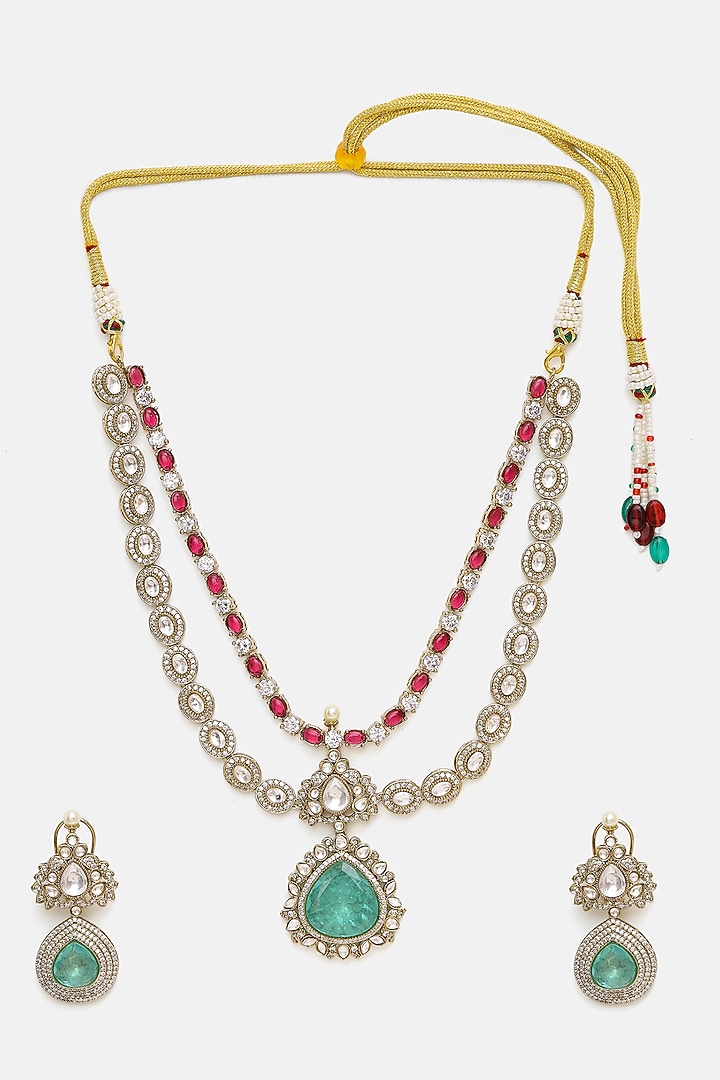 Oxidised Gold Finish Kundan Polki & Semi-Precious Stone Layered Necklace Set by Ruby Raang at Pernia's Pop Up Shop
