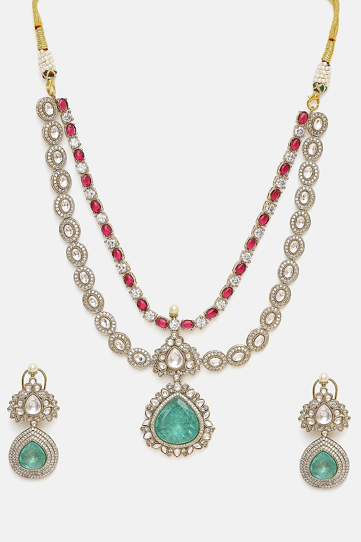 Oxidised Gold Finish Kundan Polki & Semi-Precious Stone Layered Necklace Set by Ruby Raang at Pernia's Pop Up Shop