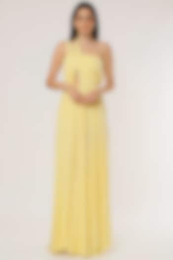 Yellow Rayon Draped Gown by Ruchi Soni
