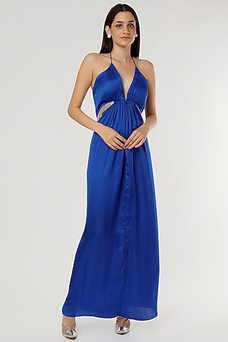 Blue Satin Maxi Dress by Ruchi Soni