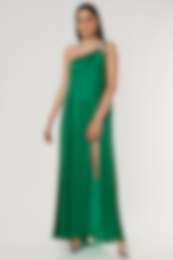 Green Satin Ruched Dress by Ruchi Soni