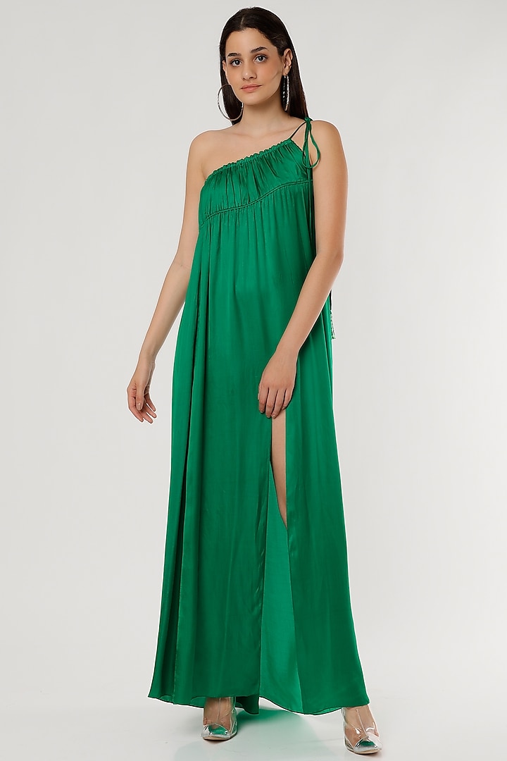 Green Satin Ruched Dress by Ruchi Soni