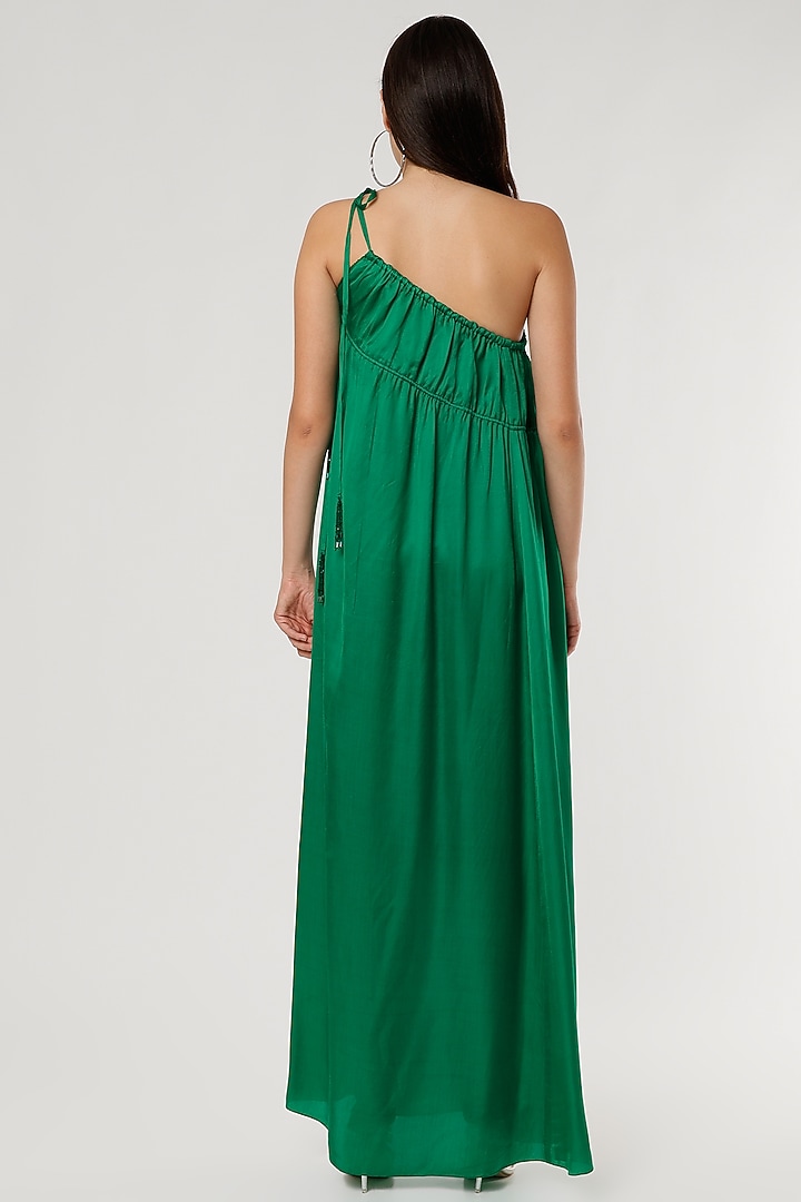 Green Satin Ruched Vacation Dress by Ruchi Soni at Pernia's Pop Up Shop
