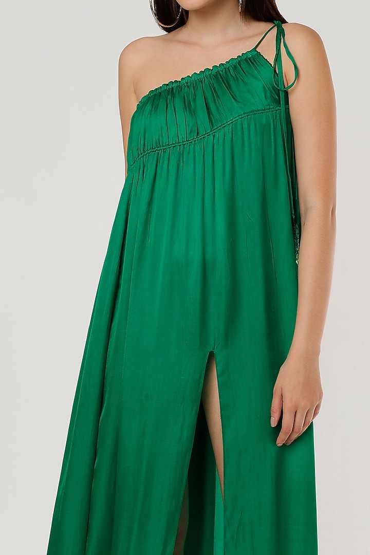 Green Satin Ruched Vacation Dress by Ruchi Soni at Pernia's Pop Up Shop