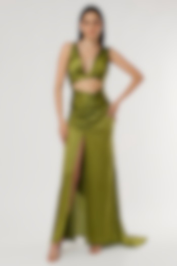 Olive Green Satin Ruched Dress by Ruchi Soni