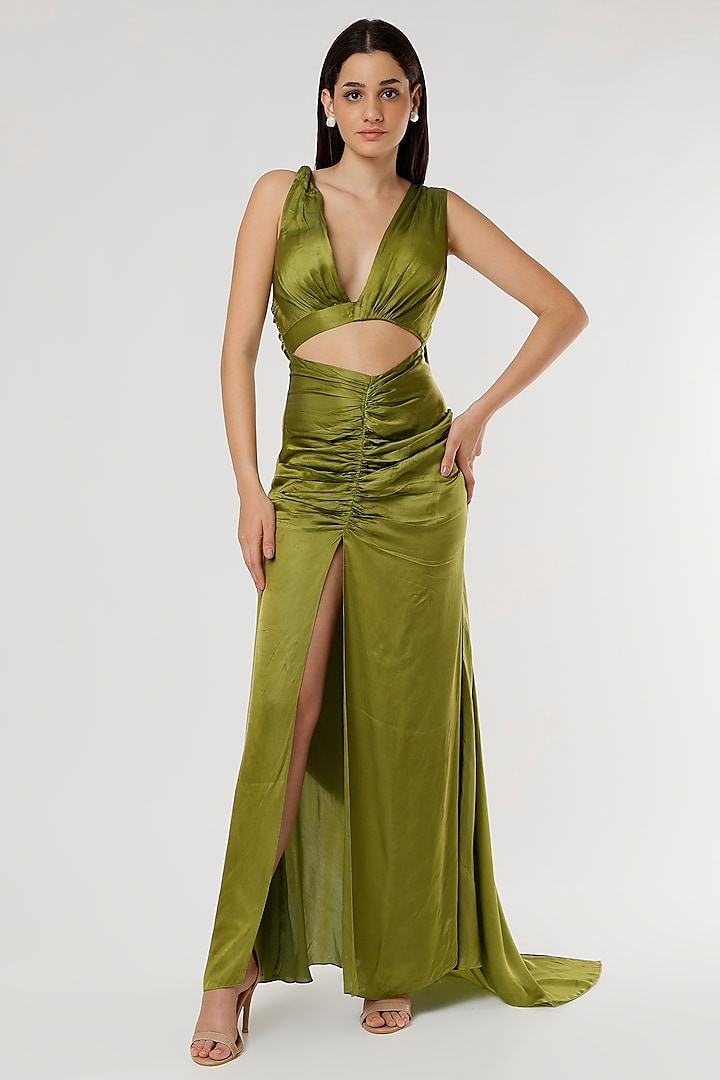 Olive Green Satin Ruched Dress by Ruchi Soni