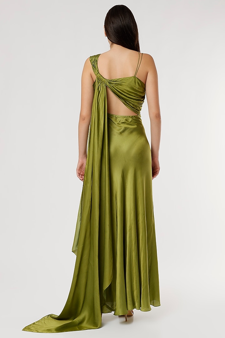 Olive Green Satin Ruched Vacation Dress by Ruchi Soni at Pernia's Pop Up Shop