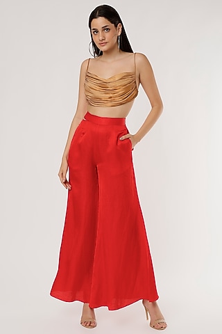 Red Linen Flared Pant Set by Ruchi Soni