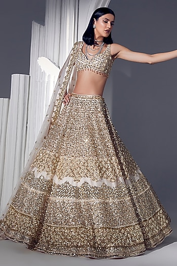 Powder Peach Net Pearl & Sequins Embroidered Bridal Lehenga Set by Ruchika Hurria at Pernia's Pop Up Shop
