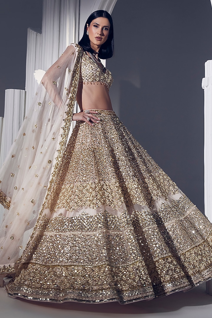 Priyanka Peach Net Thread & Sequins Embroidered Lehenga Saree
