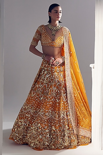 Sunset Orange Net Pearl & Sequins Embroidered Bridal Lehenga Set by Ruchika Hurria at Pernia's Pop Up Shop