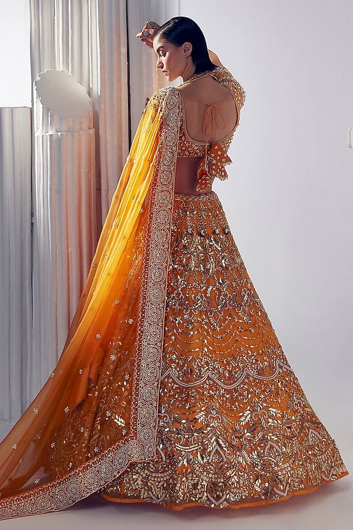 Sunset Orange Net Pearl & Sequins Embroidered Bridal Lehenga Set by Ruchika Hurria at Pernia's Pop Up Shop