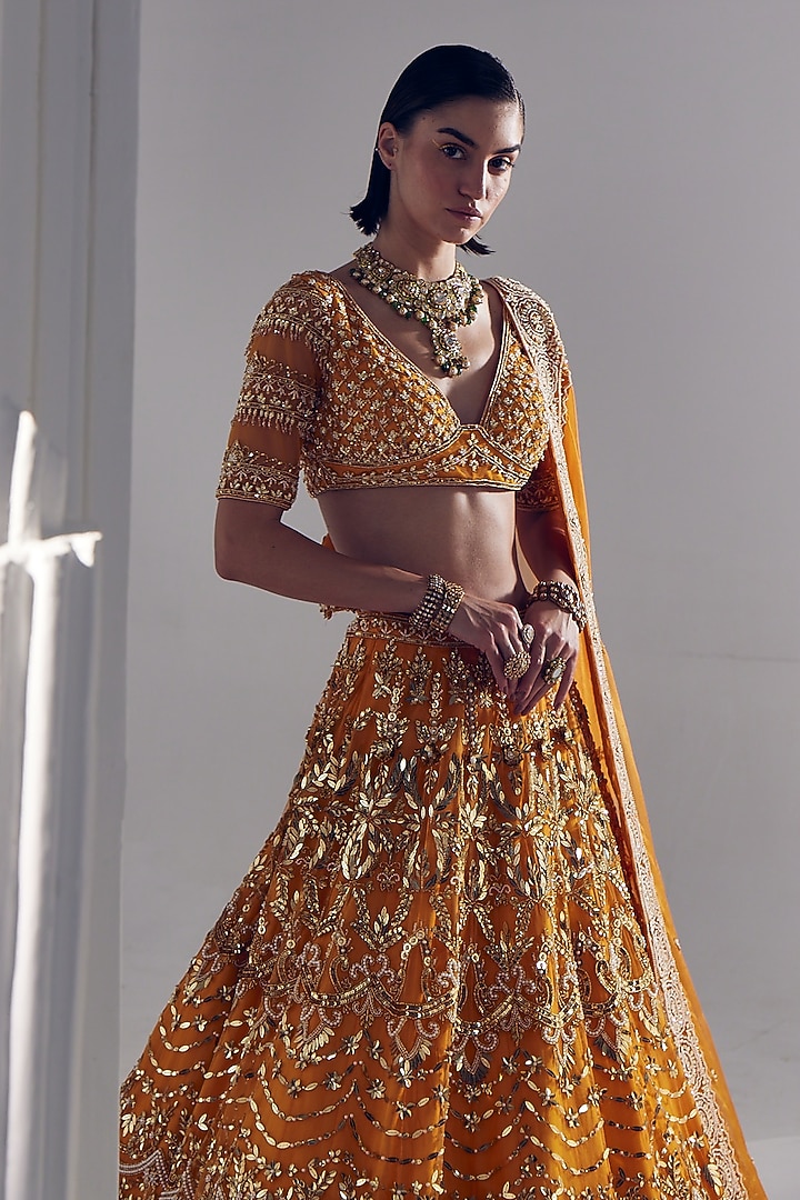 Sunset Orange Net Pearl & Sequins Embroidered Bridal Lehenga Set by Ruchika Hurria at Pernia's Pop Up Shop