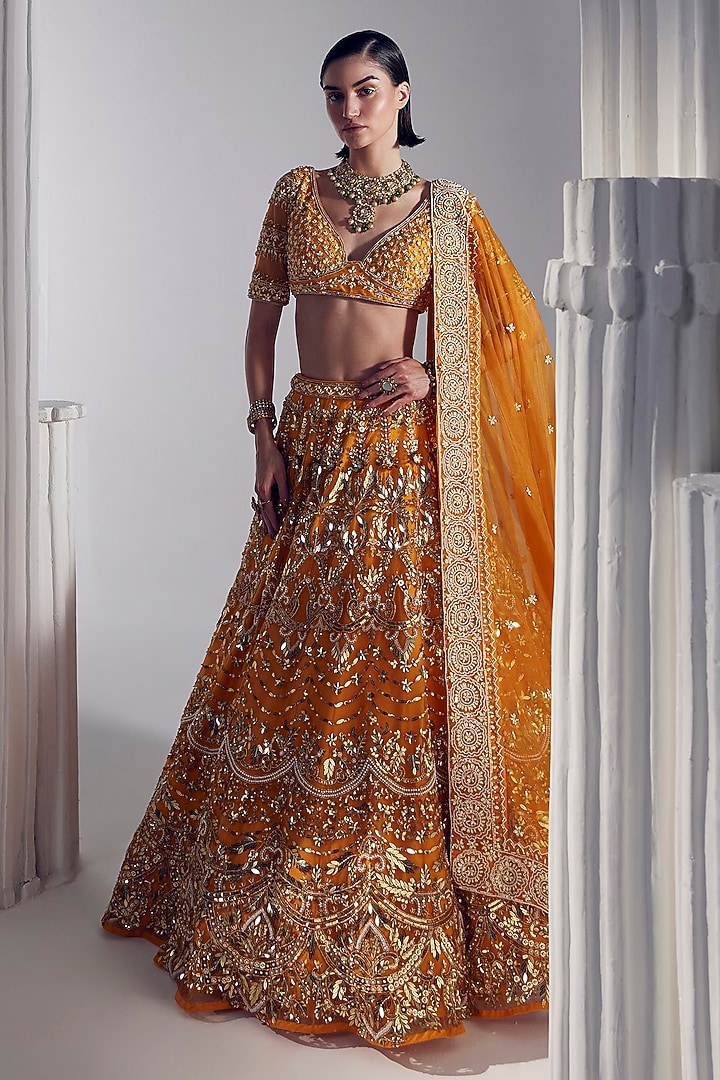 Sunset Orange Net Pearl & Sequins Embroidered Bridal Lehenga Set by Ruchika Hurria at Pernia's Pop Up Shop