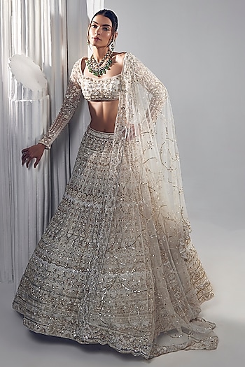 Ivory Net Thread Embroidered Bridal Lehenga Set by Ruchika Hurria at Pernia's Pop Up Shop