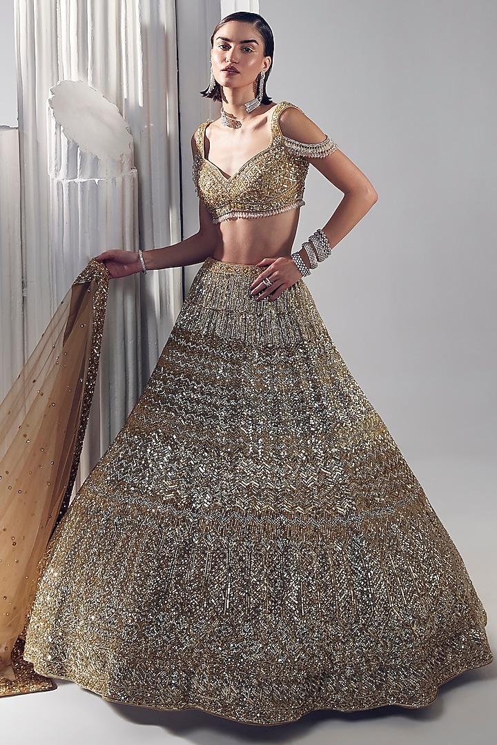 Gold Net & Silk Embroidered Bridal Lehenga Set by Ruchika Hurria at Pernia's Pop Up Shop