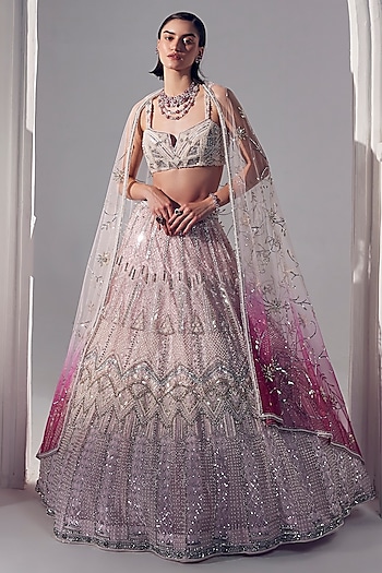 Powder Pink Net Pearl & Sequins Embroidered Bridal Lehenga Set by Ruchika Hurria at Pernia's Pop Up Shop