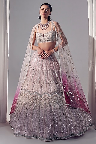 Powder Pink Net Pearl & Sequins Embroidered Lehenga Set by Ruchika Hurria