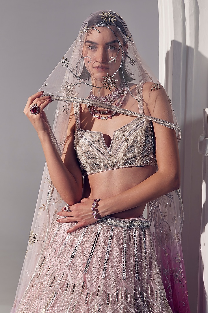 Powder Pink Net Pearl & Sequins Embroidered Bridal Lehenga Set by Ruchika Hurria at Pernia's Pop Up Shop