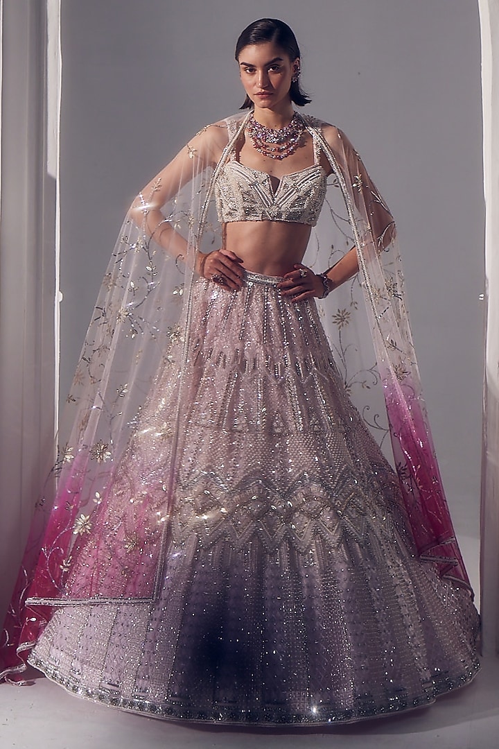 Powder Pink Net Pearl & Sequins Embroidered Bridal Lehenga Set by Ruchika Hurria at Pernia's Pop Up Shop