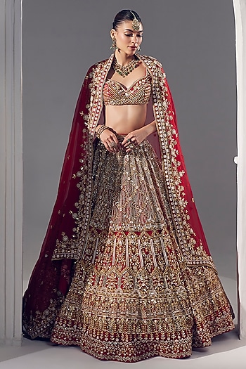 Red Net Pearl & Sequins Embroidered Bridal Lehenga Set by Ruchika Hurria at Pernia's Pop Up Shop
