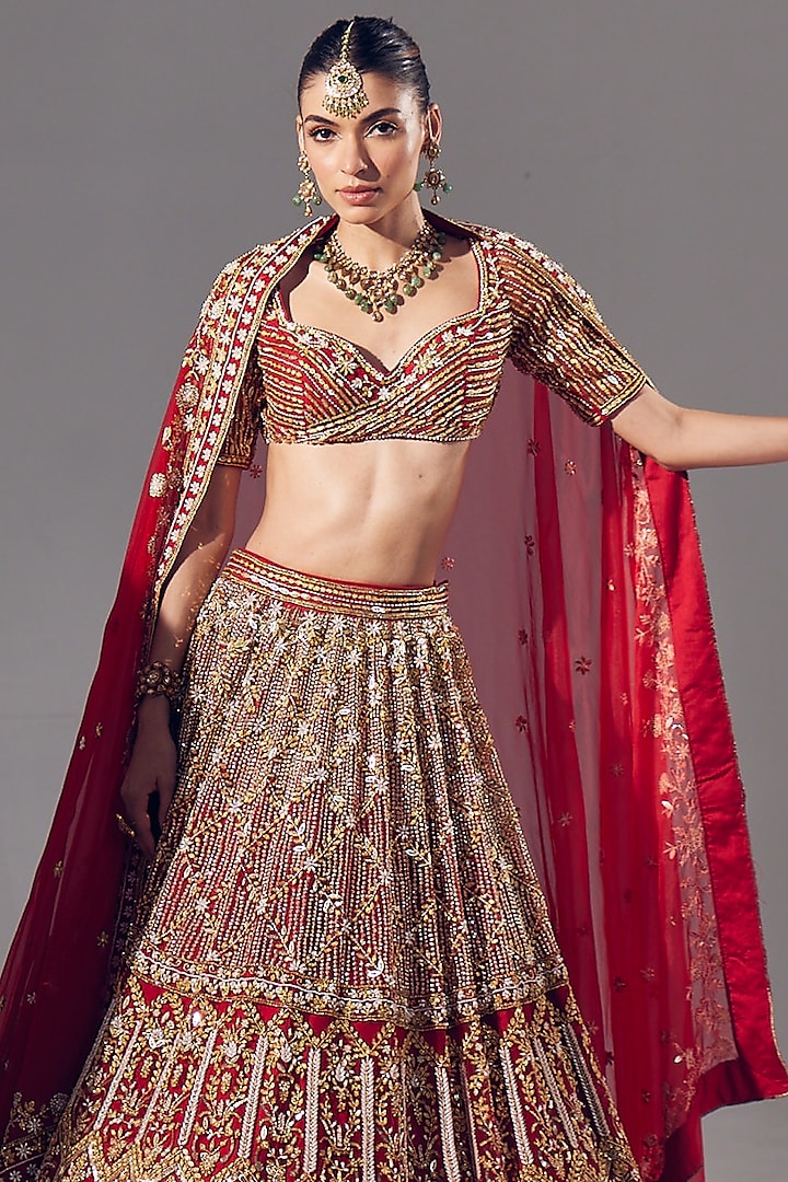 Red Net Pearl & Sequins Embroidered Bridal Lehenga Set by Ruchika Hurria at Pernia's Pop Up Shop