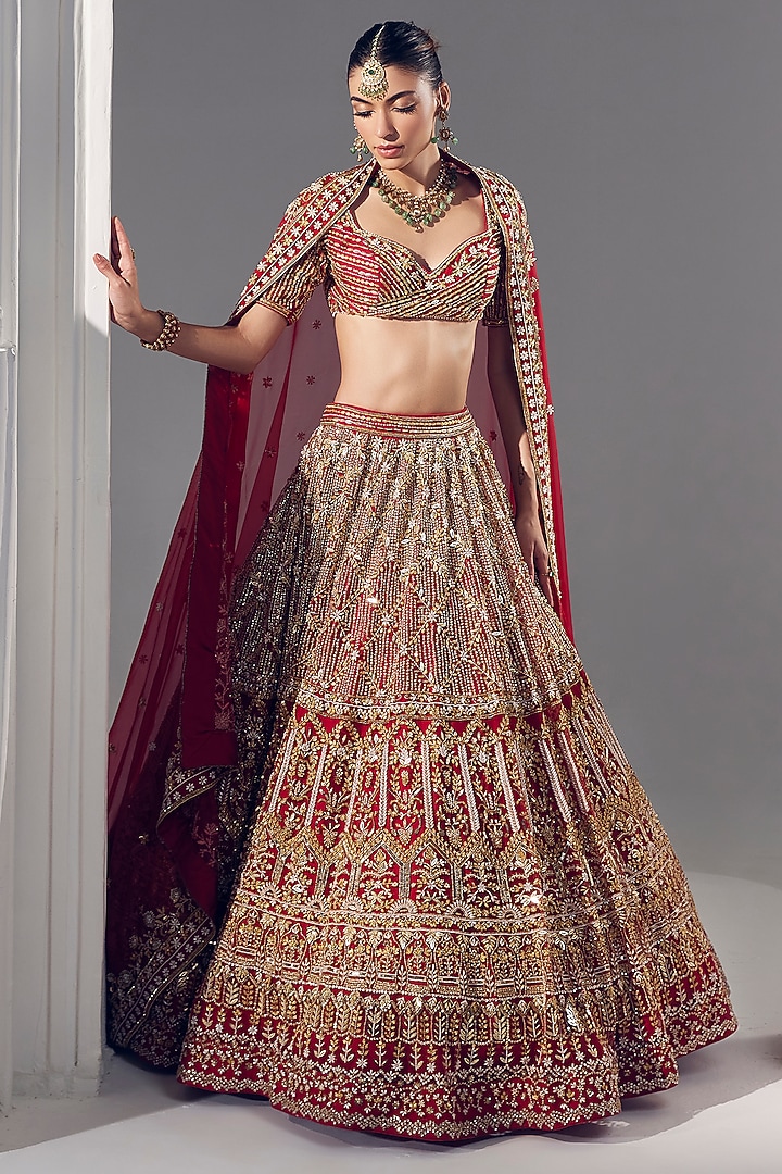 Red Net Pearl & Sequins Embroidered Bridal Lehenga Set by Ruchika Hurria at Pernia's Pop Up Shop