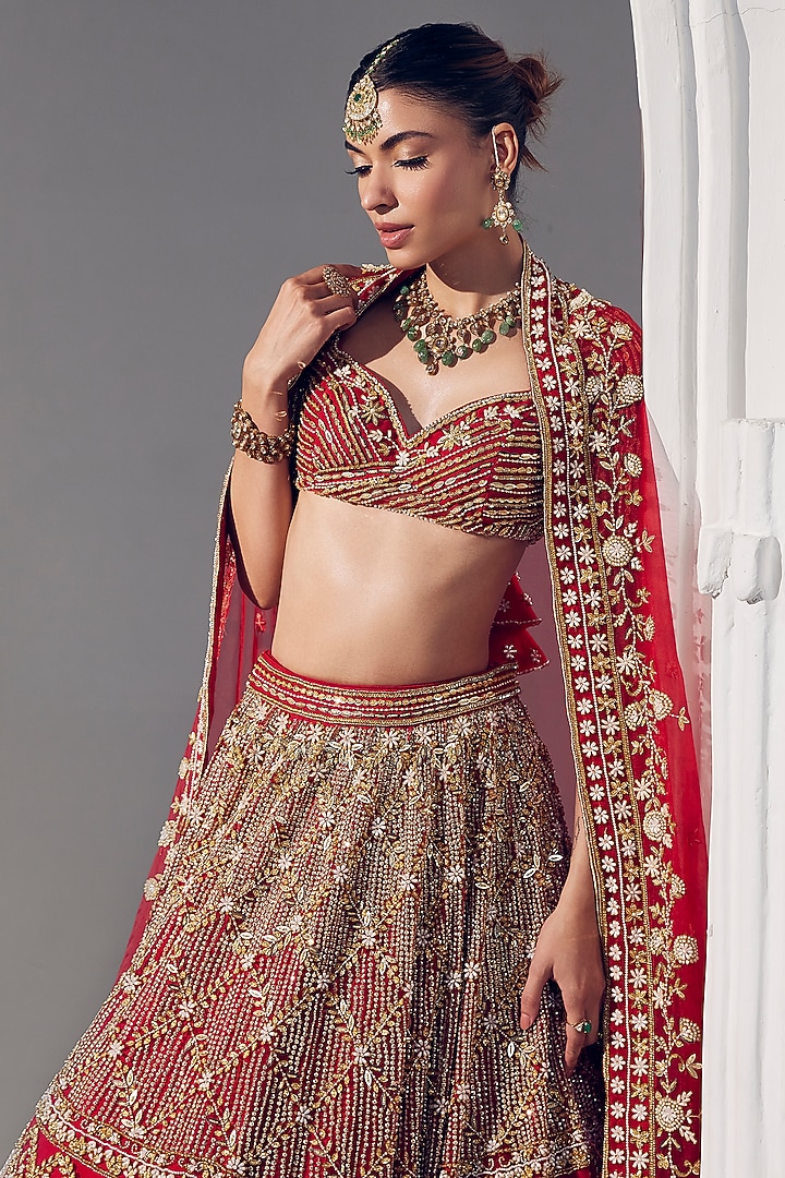 Red Net Pearl & Sequins Embroidered Bridal Lehenga Set by Ruchika Hurria at Pernia's Pop Up Shop