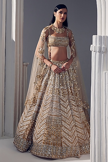 Light Gold Net & Silk Embroidered Bridal Lehenga Set by Ruchika Hurria at Pernia's Pop Up Shop