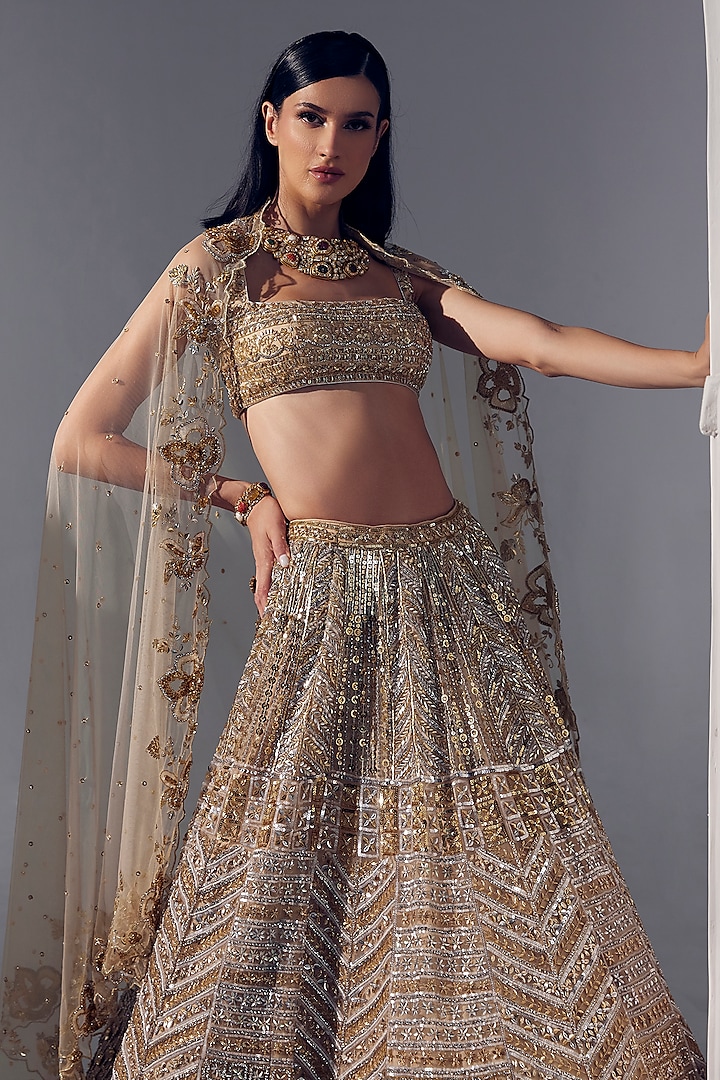 Light Gold Net & Silk Embroidered Bridal Lehenga Set by Ruchika Hurria at Pernia's Pop Up Shop