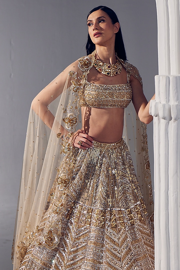 Light Gold Net & Silk Embroidered Bridal Lehenga Set by Ruchika Hurria at Pernia's Pop Up Shop