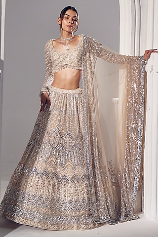 Ivory Net & Silk Embroidered Lehenga Set by Ruchika Hurria