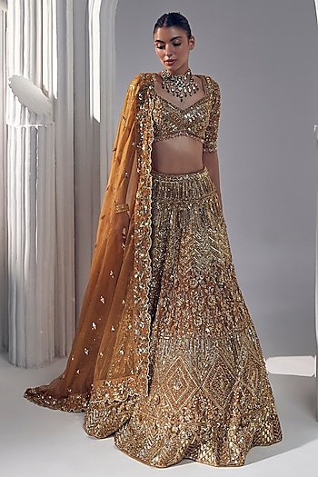 Dark Gold Net & Silk Embroidered Bridal Lehenga Set by Ruchika Hurria at Pernia's Pop Up Shop