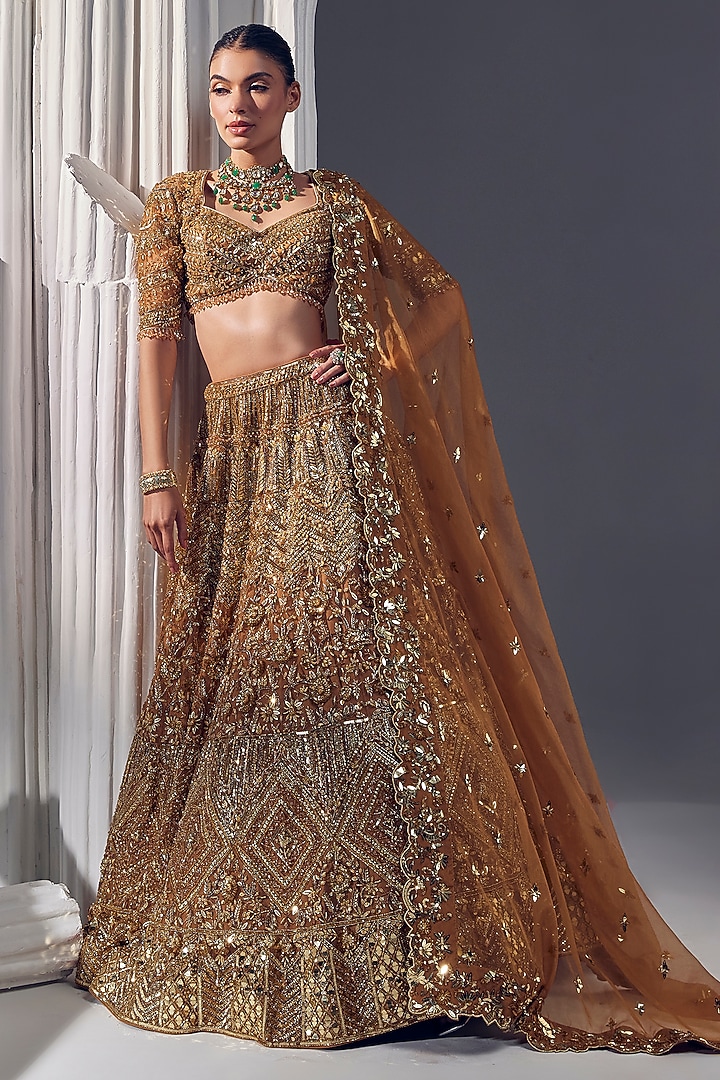 Dark Gold Net & Silk Embroidered Bridal Lehenga Set by Ruchika Hurria at Pernia's Pop Up Shop