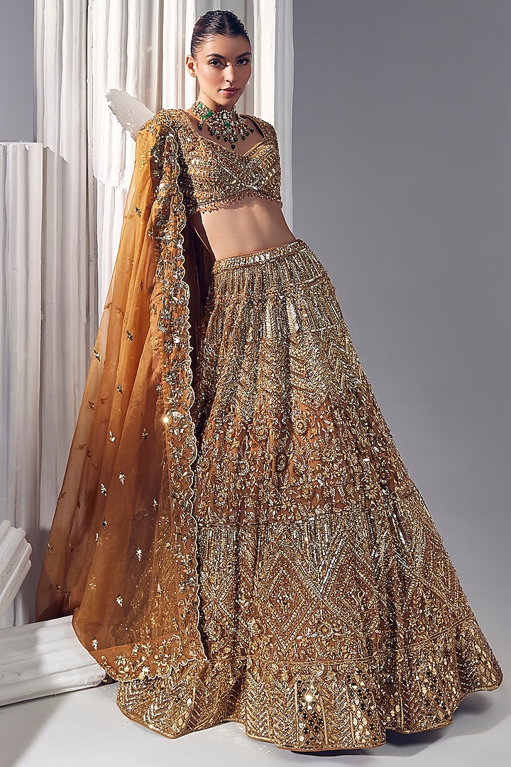 Dark Gold Net & Silk Embroidered Bridal Lehenga Set by Ruchika Hurria at Pernia's Pop Up Shop