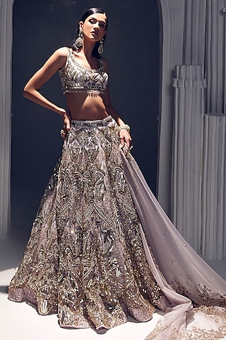 Light Lilac Net & Silk Embroidered Lehenga Set by Ruchika Hurria