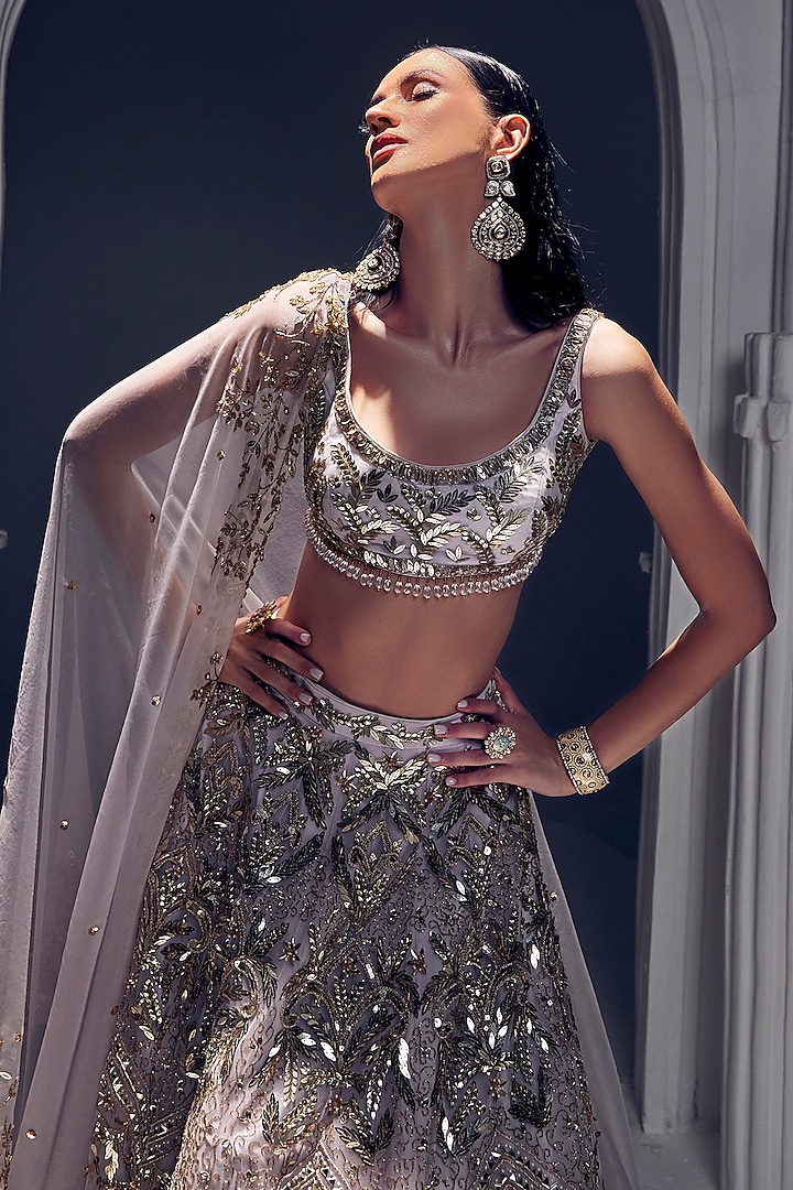 Light Lilac Net & Silk Embroidered Bridal Lehenga Set by Ruchika Hurria at Pernia's Pop Up Shop