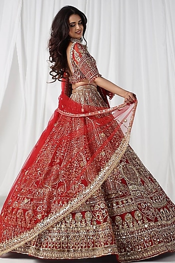 Red Net & Silk Zardosi & Sequins Embroidered Bridal Lehenga Set by Ruchika Hurria at Pernia's Pop Up Shop