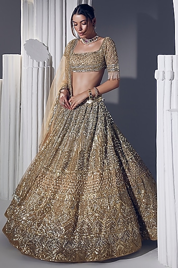 Gold Net & Silk Embroidered Bridal Lehenga Set by Ruchika Hurria at Pernia's Pop Up Shop