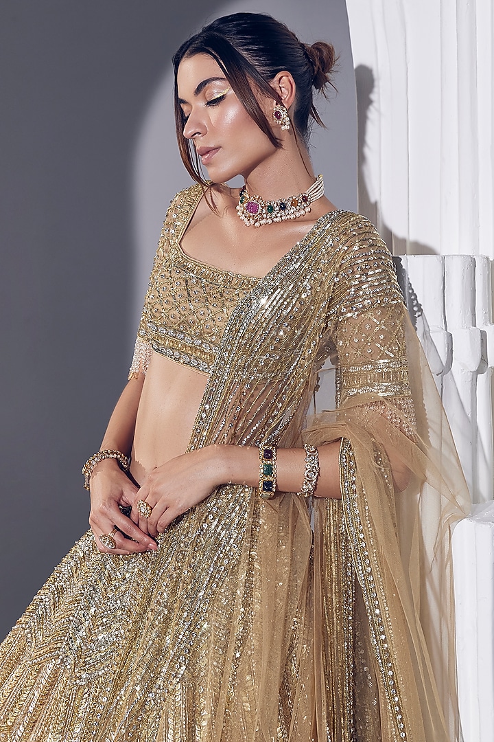 Gold Net & Silk Embroidered Bridal Lehenga Set by Ruchika Hurria at Pernia's Pop Up Shop