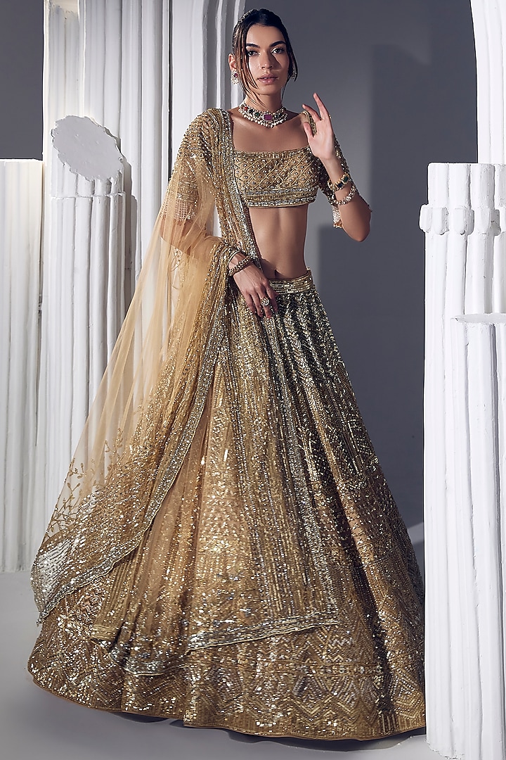 Gold Net & Silk Embroidered Bridal Lehenga Set by Ruchika Hurria at Pernia's Pop Up Shop