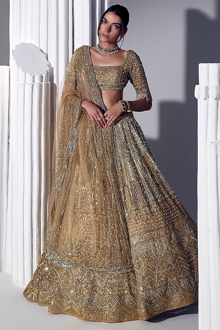 Gold Net & Silk Embroidered Bridal Lehenga Set by Ruchika Hurria at Pernia's Pop Up Shop