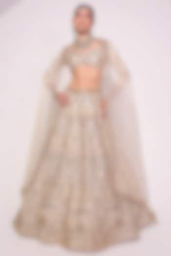 Ivory Raw Silk Crystal & Zardosi Embroidered Lehenga Set by Ruchika Hurria