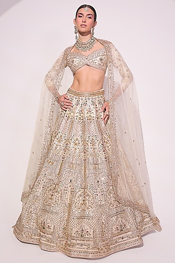 Ivory Raw Silk Crystal & Zardosi Embroidered Bridal Lehenga Set by Ruchika Hurria at Pernia's Pop Up Shop